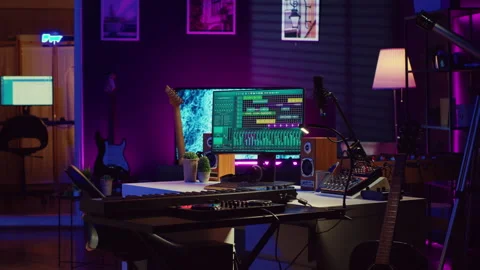 Empty home studio filled with recording and mixing instruments Stock Footage 268764344