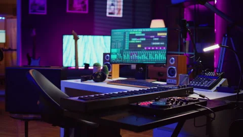 Empty home studio used for recording and mixing music Stock Footage 268501697