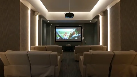 Empty Home Theatre Room with White Cosy Sofa Stock Footage 121580542