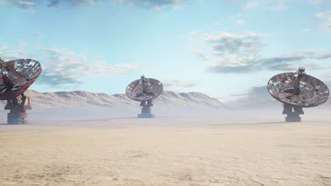 Empty horizon hosting weathered satellite controls amidst dusty environment Stock Footage 334329268