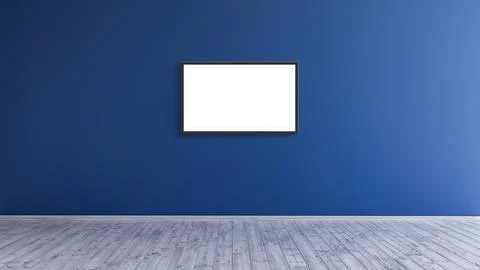 Empty horizontal black frame mock up design on a blue wall room for prints and Stock Illustration