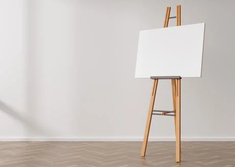 Empty horizontal canvas on wooden easel standing in room. Free, copy space .. Stock Illustration