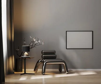 Empty horizontal frame mock up on gray wall in luxury dark interior with meta Stock Illustration