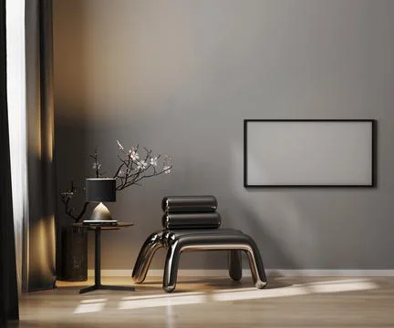 Empty horizontal frame mock up on gray wall in luxury dark interior with meta Stock Illustration