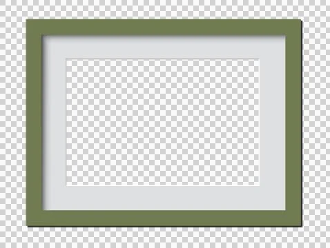 Empty horizontal frame is showing olive border, white mat, drop shadow, in flat Stock Illustration