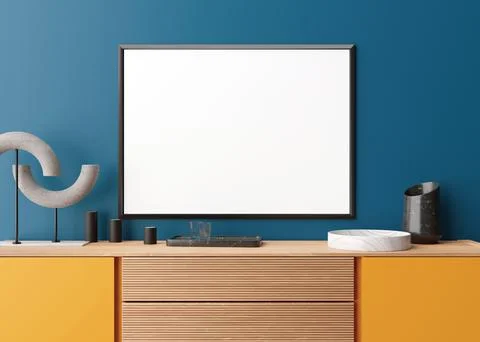 Empty horizontal picture frame on blue wall in modern living room. Mock up .. Stock Illustration