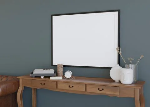 Empty horizontal picture frame on blue wall in modern living room. Mock up in Stock Photos