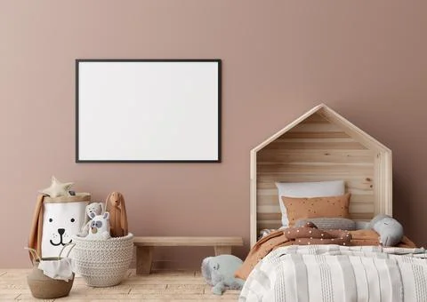 Empty horizontal picture frame on brown wall in modern child room. Mock up in Stock-Fotos