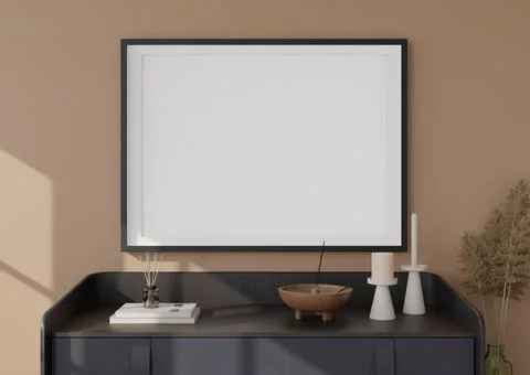 Empty horizontal picture frame on brown wall in modern living room. Mock up i Foto stock