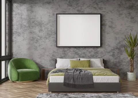 Empty horizontal picture frame on concrete wall in modern bedroom. Mock up in Stock Photos