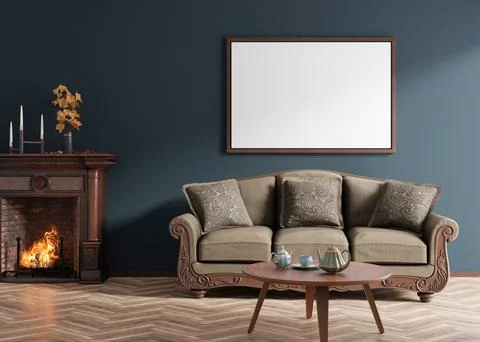 Empty horizontal picture frame on dark blue wall in modern living room. Mock up Stock Illustration