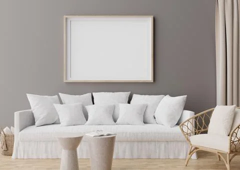 Empty horizontal picture frame on grey wall in modern living room. Mock up in Stock Photos