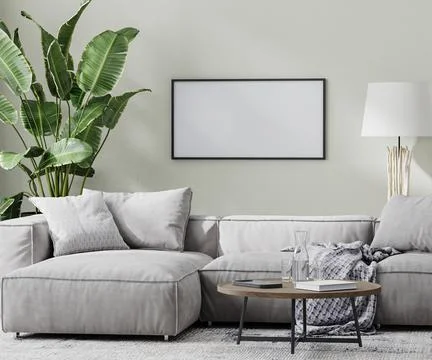 Empty horizontal picture frame in modern room with gray sofa and coffee table Stock Illustration