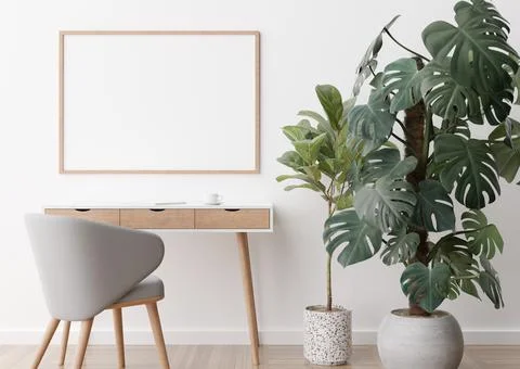 Empty horizontal picture frame on white wall in modern room. Mock up interior Stock Photos