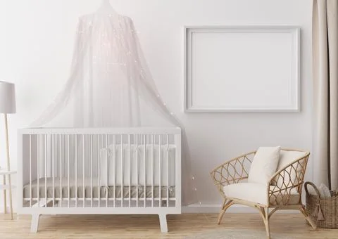 Empty horizontal picture frame on white wall in modern child room. Mock up in Stock Photos