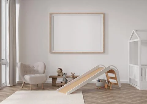 Empty horizontal picture frame on white wall in modern child room. Mock up in Stock Photos