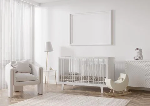 Empty horizontal picture frame on white wall in modern child room. Mock up in Stock Photos