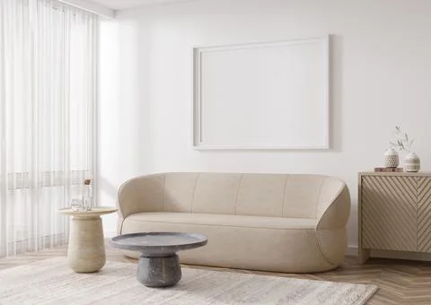 Empty horizontal picture frame on white wall in modern living room. Mock up i Stock Photos