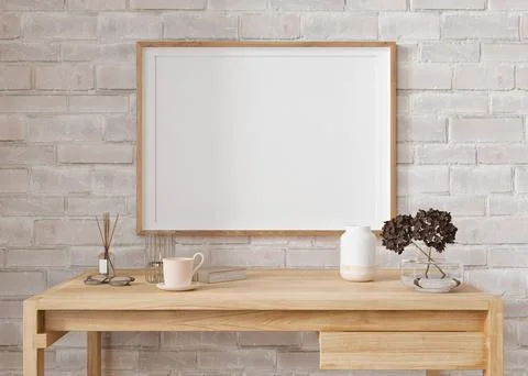 Empty horizontal picture frame on white brick wall in modern living room. Moc Stock Photos