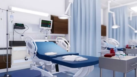 Empty hospital bed in modern emergency room 3D animation Stock Footage 103325532