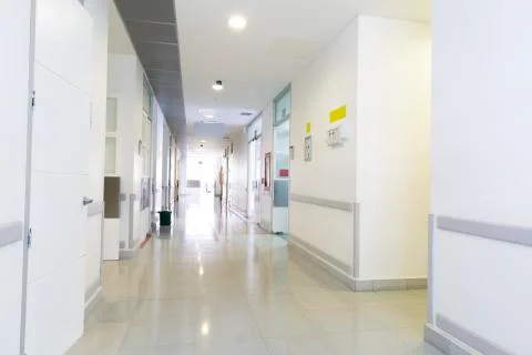 Empty Hospital, Corridor interior inside a modern hospital Stock Photos