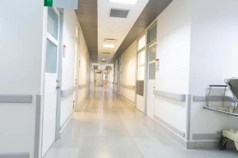 Empty Hospital, Corridor interior inside a modern hospital Stock Photos