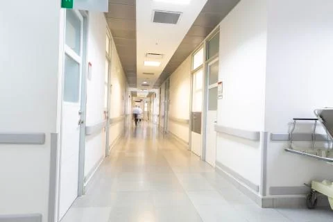 Empty Hospital, Corridor interior inside a modern hospital Stock Photos