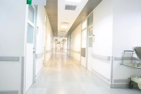 Empty Hospital, Corridor interior inside a modern hospital Stock Photos
