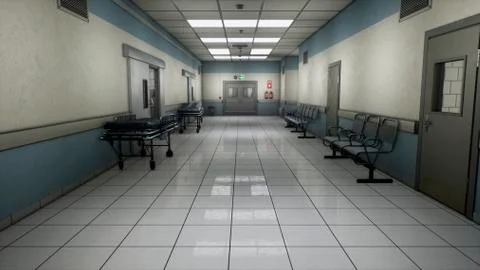 Empty hospital endless corridor. Empty corridor of the clinic. A long endless Stock Illustration