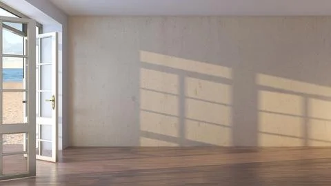 Empty Hotel Interior with Open Doors Overlooking the Beach, Yellow Sand and Stock Illustration