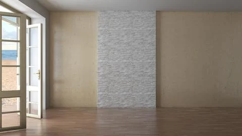 Empty Hotel Interior with Sea View. Room with Open Doors Overlooking the Beach Stock Illustration