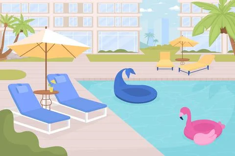 Empty hotel poolside with equipment for rest flat color vector illustration Stock Illustration