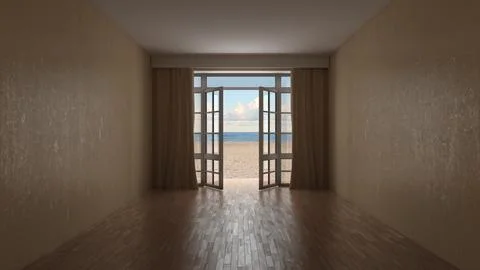 Empty Hotel Room with Beach Access Stock Illustration