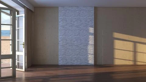 Empty Hotel Room with Open Doors Overlooking the Beach, Yellow Sand and Clouds Stock Illustration