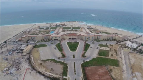 Empty hotels in Egypt. the copter is flying towards the sea Stock Footage 126732666