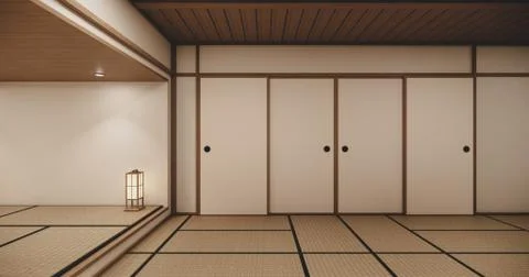Empty house hall with tatami  floor 2 steps White room tropical style.3D rend Stock-Illustration