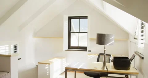 Empty house interior with home office, window and table, slow motion Stock Footage 338059994