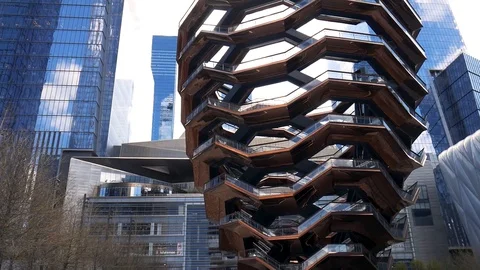 Empty Hudson Yards Vessel NYC Coronavirus Quarantine Lockdown Tilt Up Stock Footage 128661767