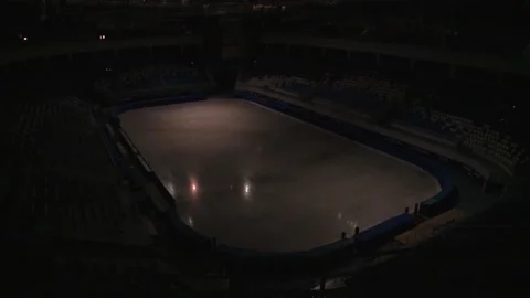 On the empty ice arena light is switched on Stock Footage 98214326