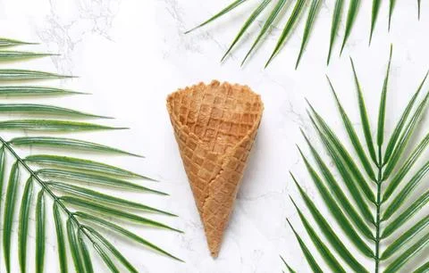 Empty ice cream cone with green palm leaves on white background Foto stock