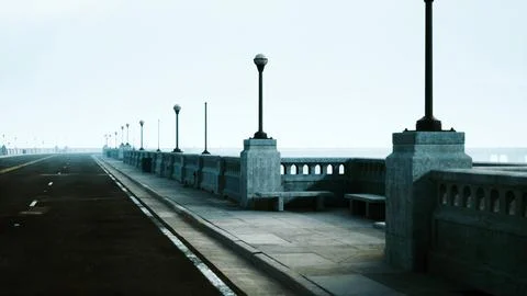 An empty illuminated asphalt road in a thick fog Illustrazione stock
