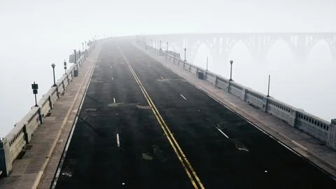 An empty illuminated asphalt road in a thick fog Illustrazione stock