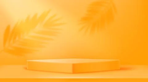 Empty illuminated room with square platform and shadows of leaves on the wa.. Stock Illustration