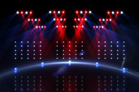 Empty illuminated stage is showcasing red and blue spotlights with LED grid Stock Illustration
