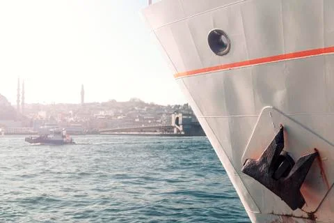 An empty image for manipulation: Focused city ferry, there is a blurred istan Fotos Stock