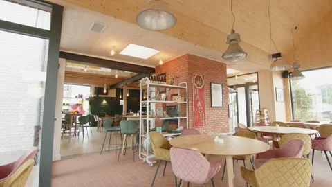 Empty indoor cafe restaurant horeca wide shot Stock Footage 168990720