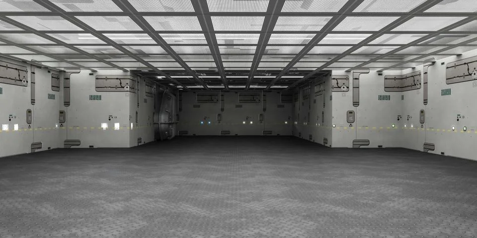 Empty industrial hangar with grid ceiling 3d render illustration Stock Illustration