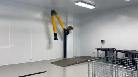 Empty industrial room with ventilation pipe for air cleaning. Flexible pipe Stock Footage 301521399