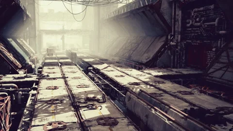 Empty industrial space bathed in sunlight with weathered panels and distant exit Stock Footage 330242652