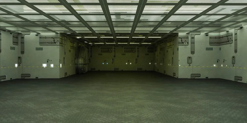 Empty industrial space with grid ceiling and white walls 3d render illustration Illustrazione stock